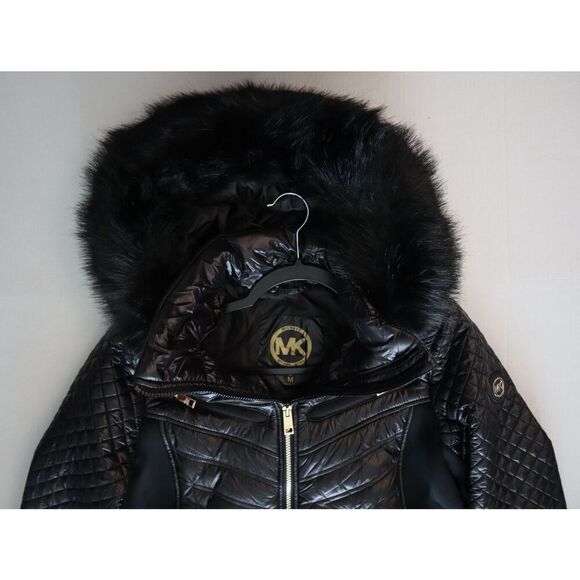 Michael Kors Women Sz M Black Faux-Fur-Trim Mixed Media Hooded Quilted Coat - Picture 8 of 16